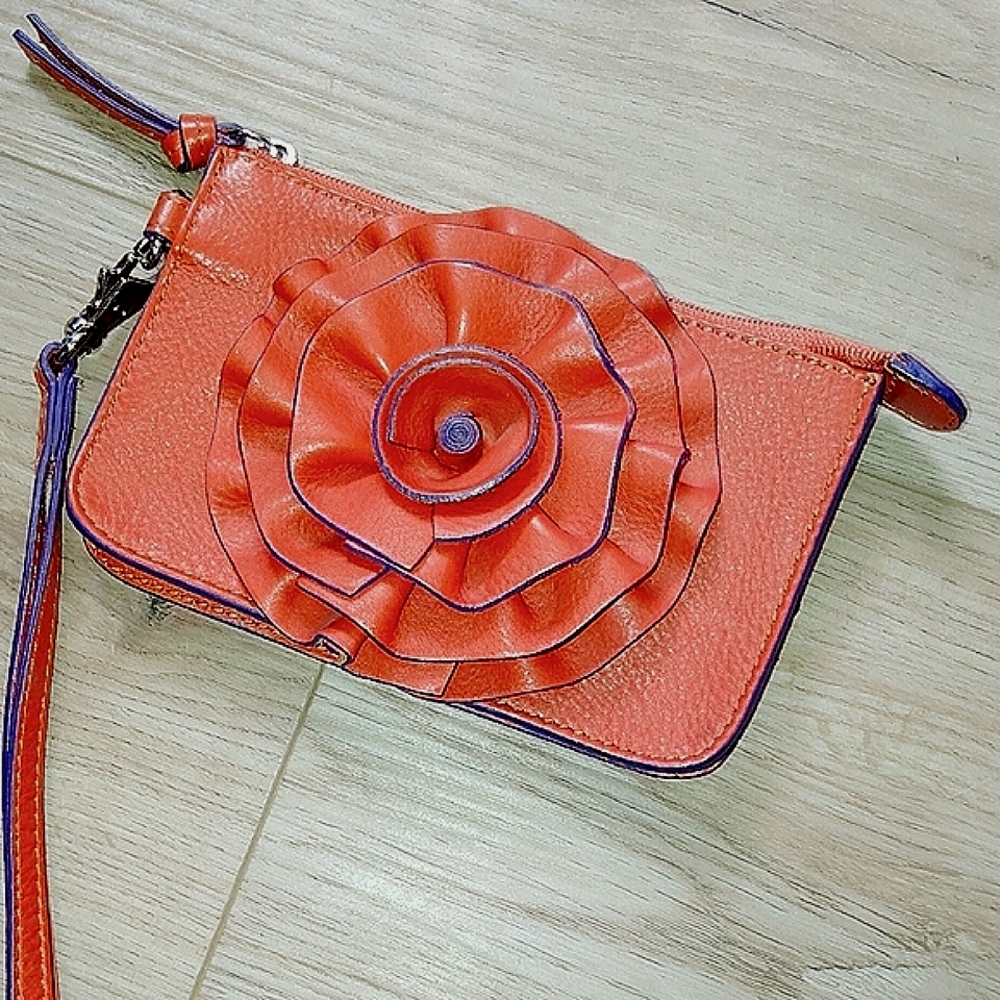 Genuine Leather Orange Wristlet Clutch with Rose Floral Design On Front